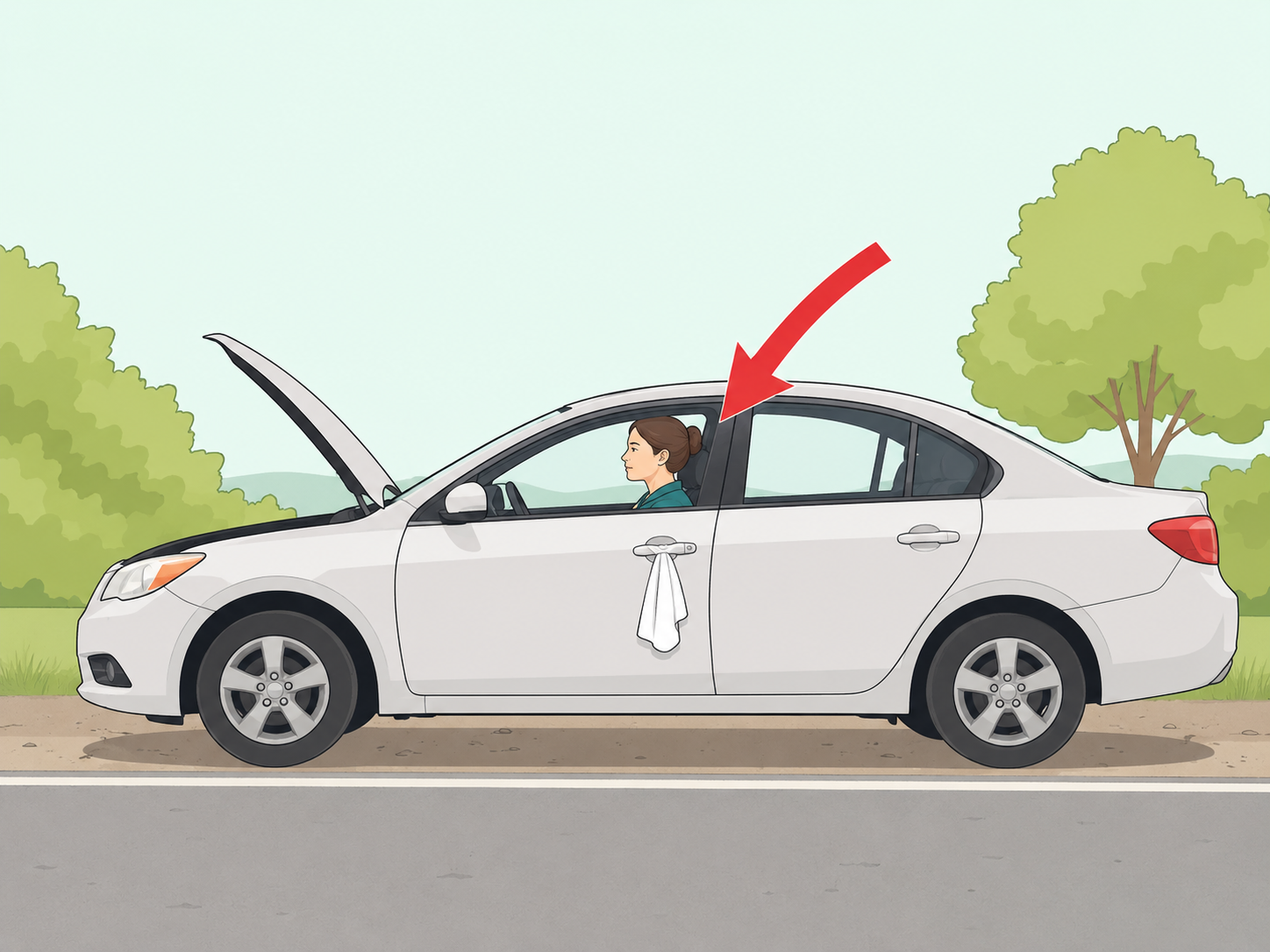 A stopped private car with a white cloth that does not have emergency-vehicle privileges.