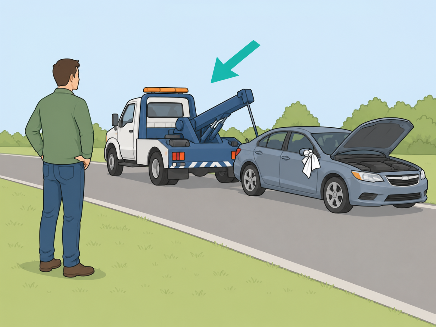 A tow truck coming to retrieve a disabled car marked with a white cloth.