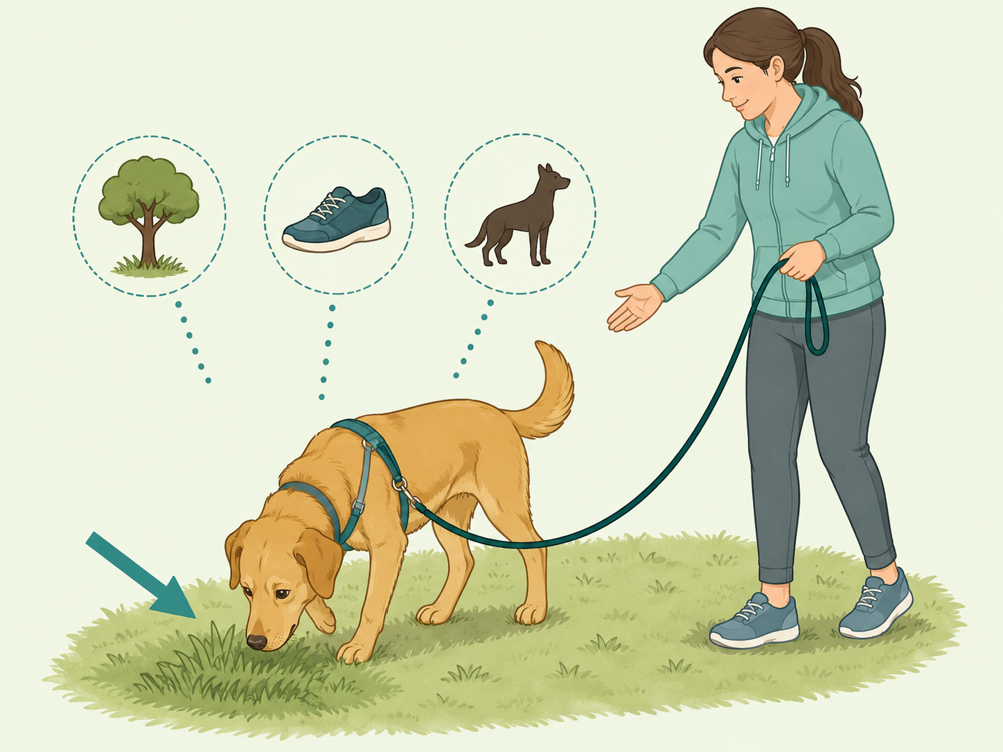 Illustration of a dog calmly sniffing a scent-rich area while a person guides it on a loose leash.