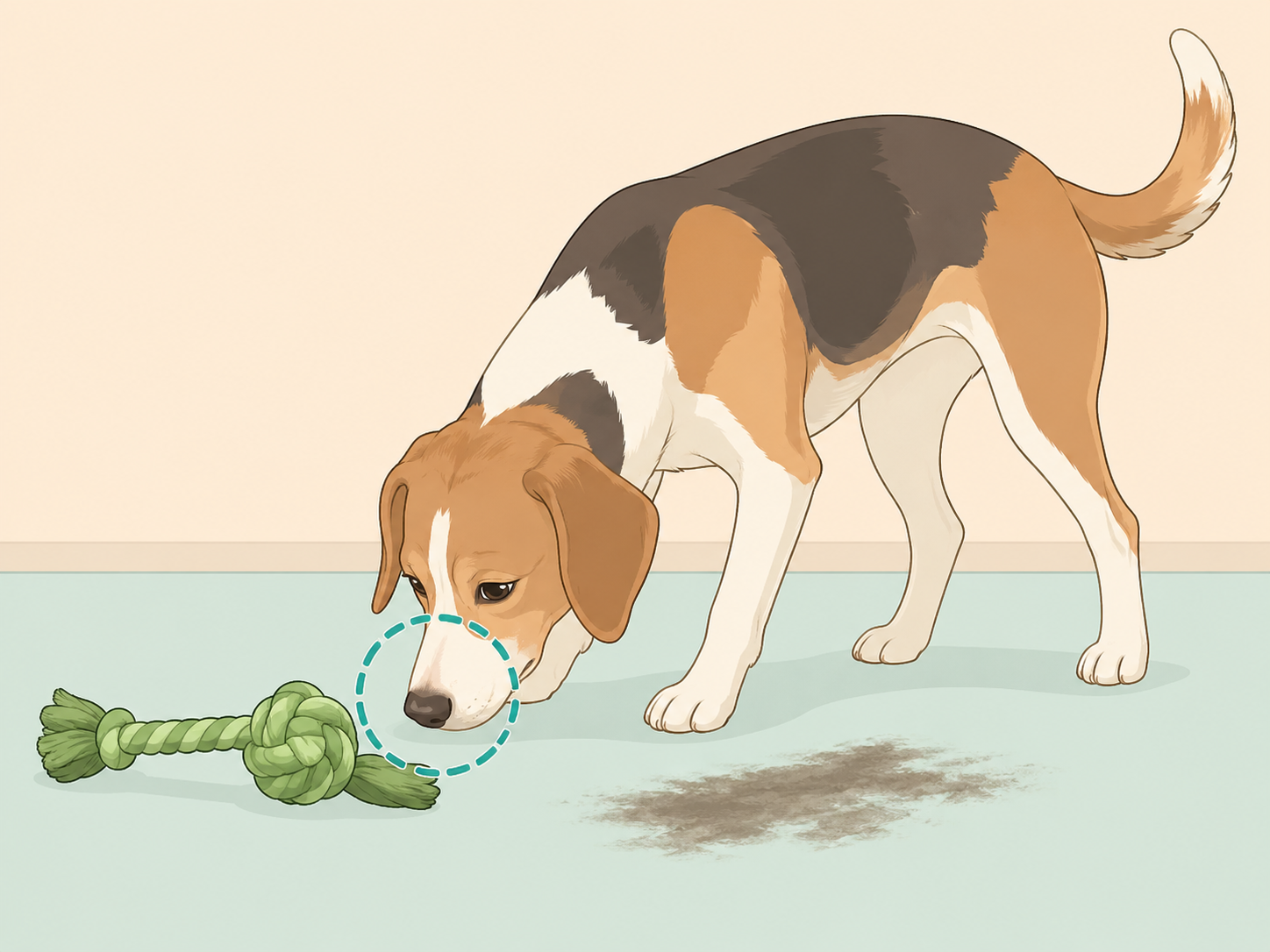 Dog using its nose to gather information from a scent on the floor.