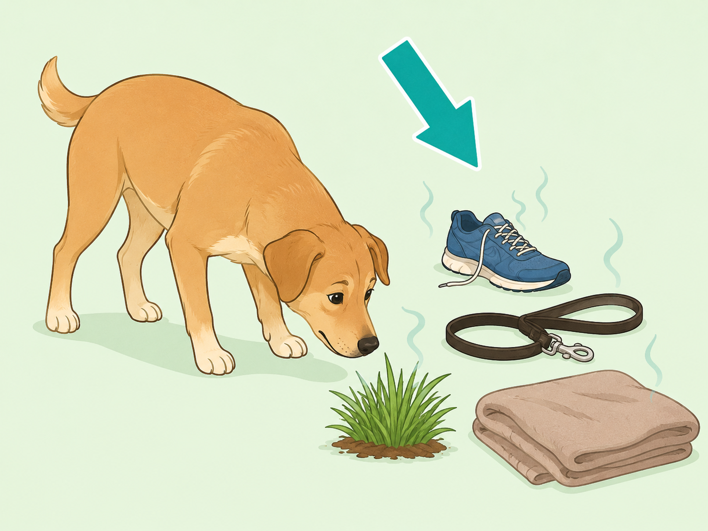 Dog noticing scent-rich objects like a shoe, leash, grass, and blanket.