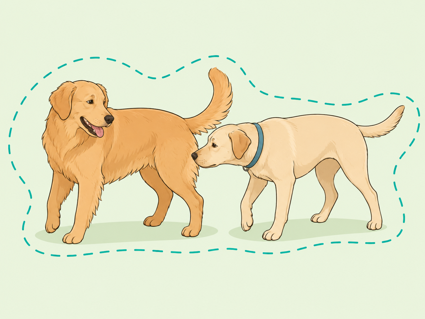 Two relaxed dogs calmly greeting with a brief rear-end sniff.