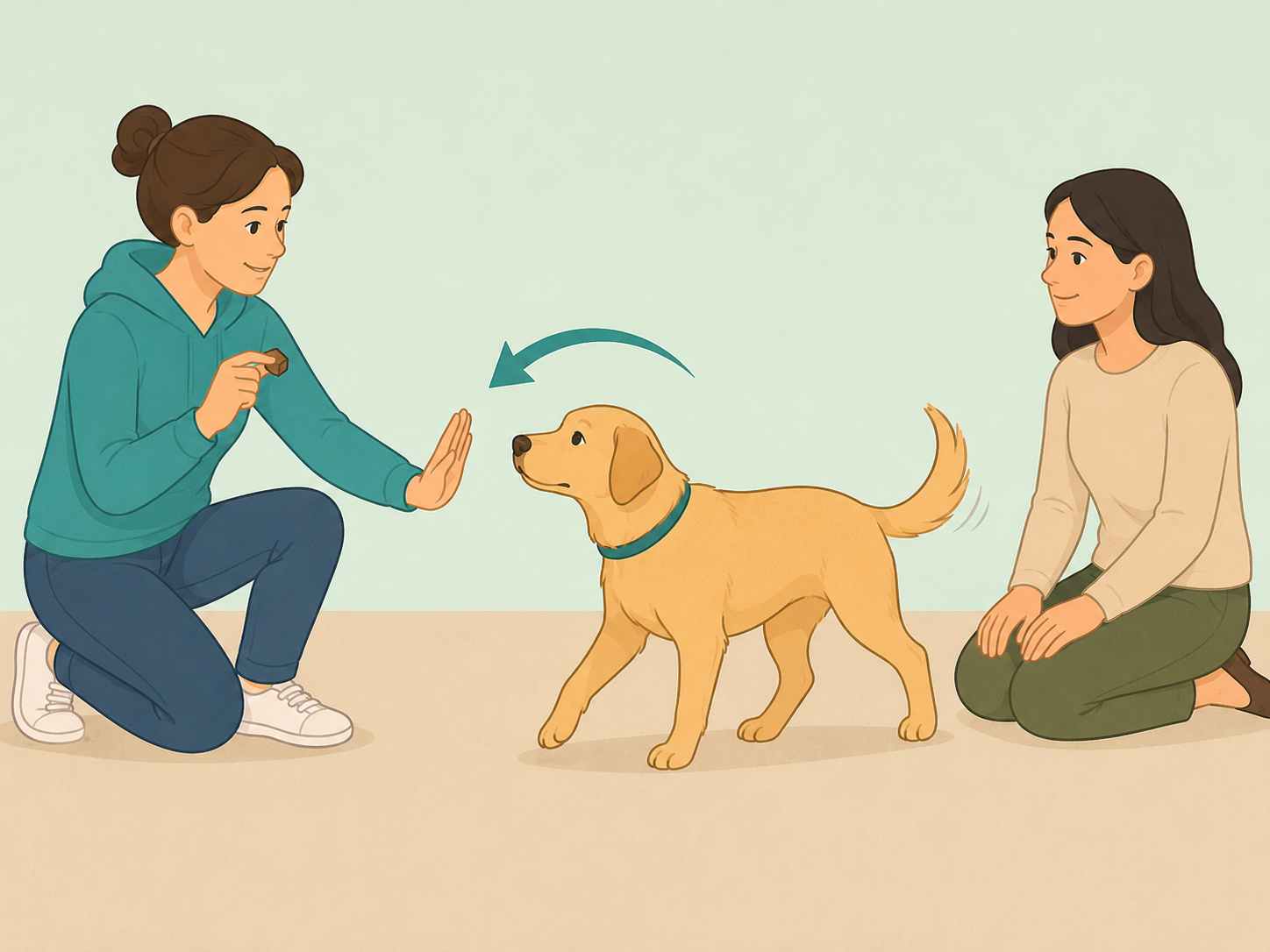 Person redirecting a dog from sniffing a guest by offering a hand target.