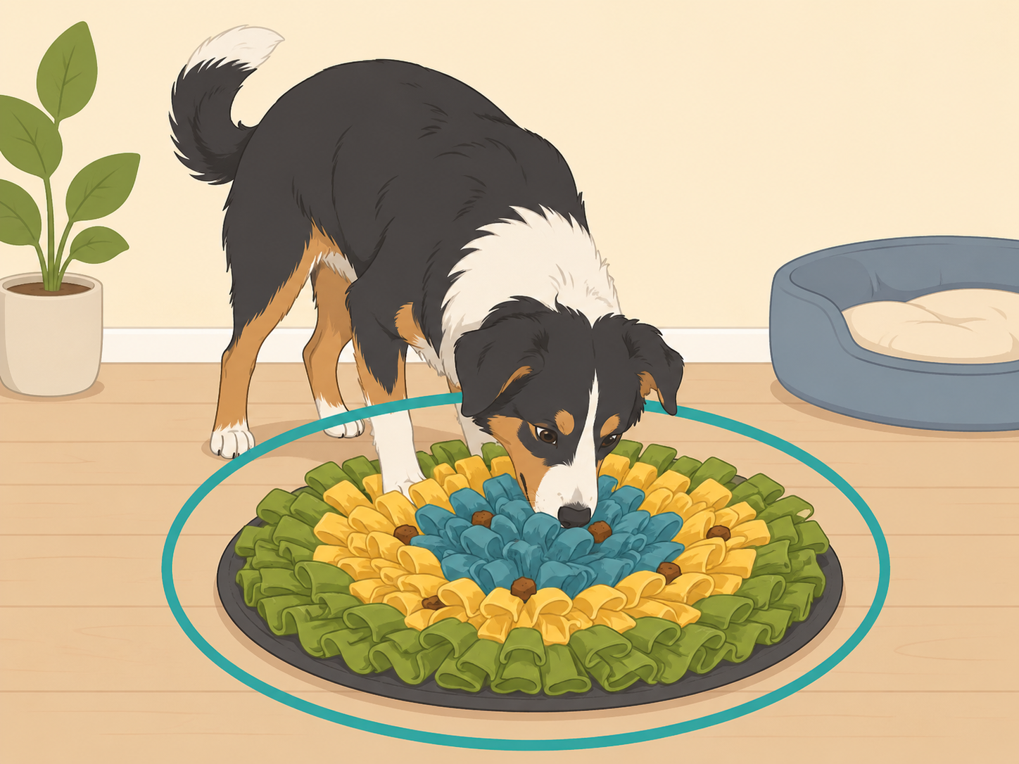 Dog using a snuffle mat as an appropriate outlet for sniffing.