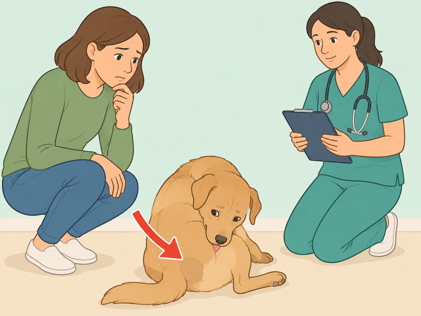 Person noticing a dog showing rear-end discomfort and preparing to call a veterinarian.