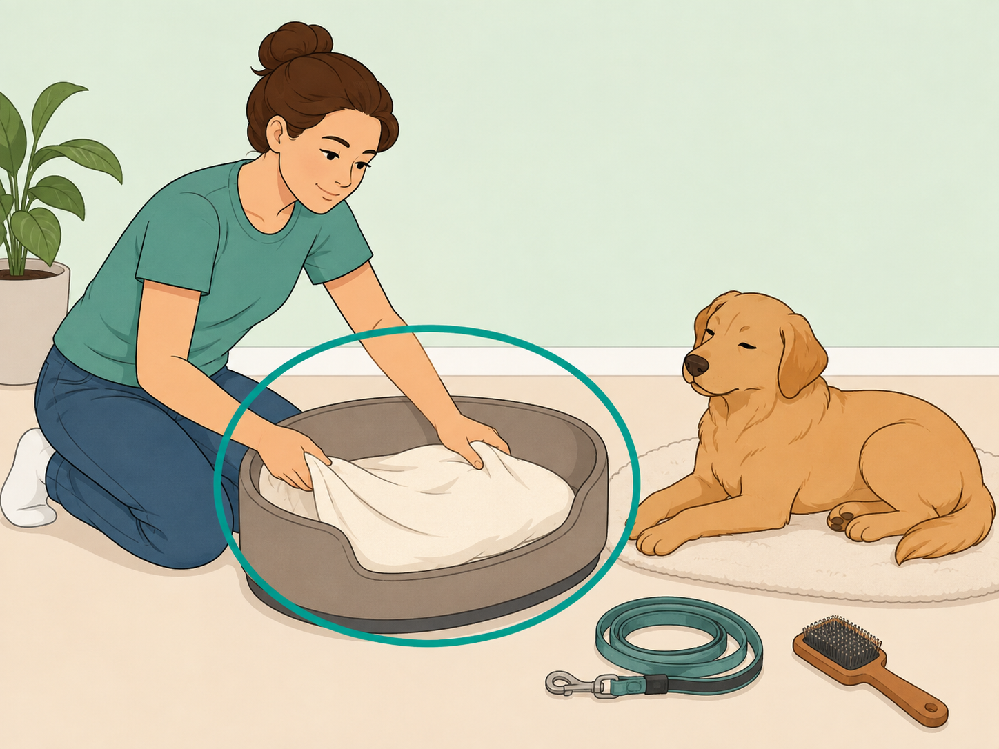 Person keeping a dog's bedding clean while managing sniffing calmly.