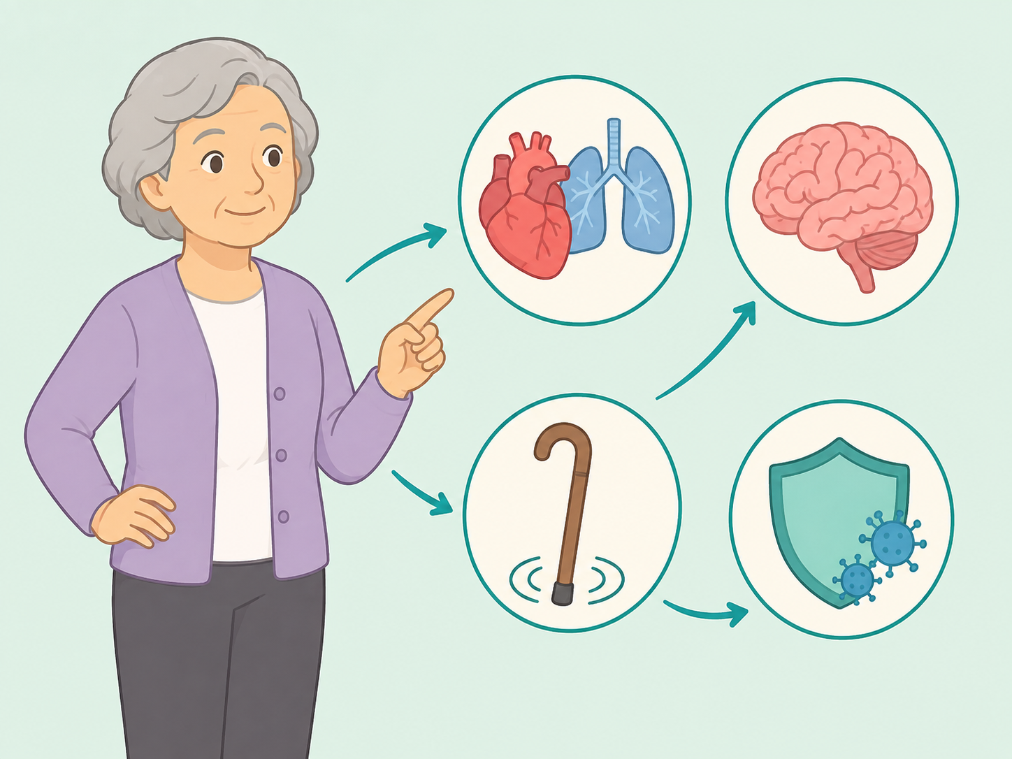 Illustration of an older adult with symbols for chronic disease, brain health, fall risk, and infection protection.