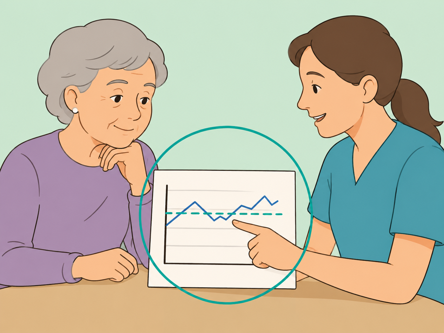 Older adult and caregiver reviewing a simple life expectancy chart.