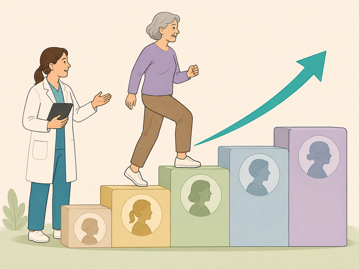 Older adult walking up steps that represent rising health risk with age.