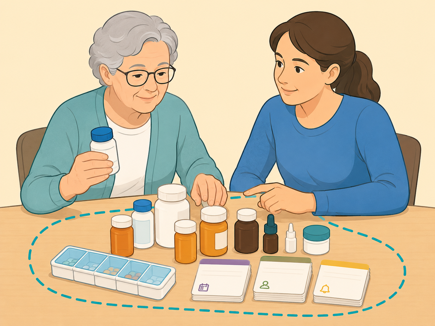 Older adult organizing medicines and appointments for multiple conditions.
