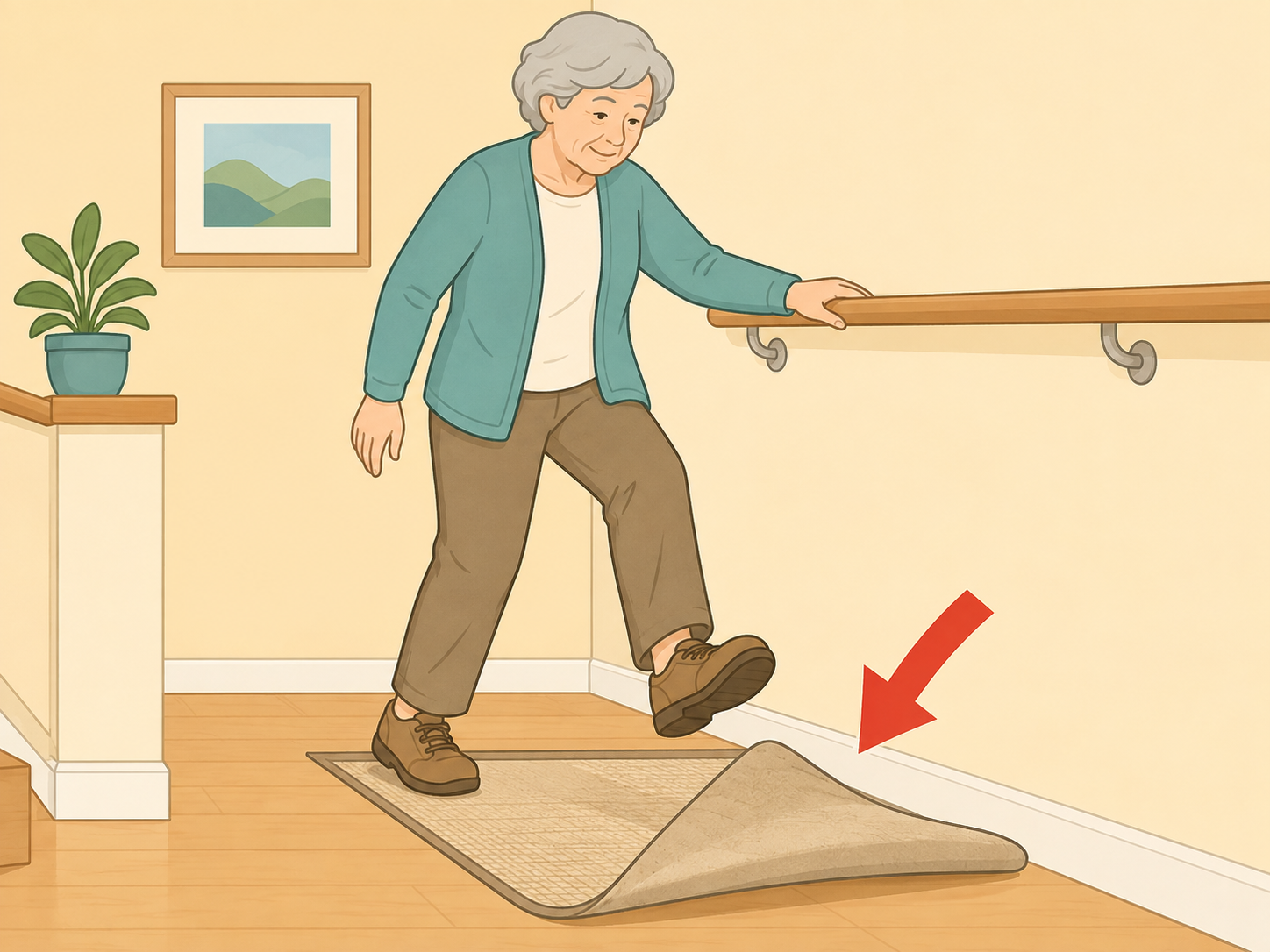 Older adult reducing fall risk by using a railing and avoiding a tripping hazard.