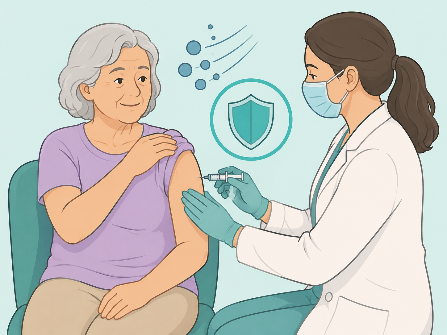 Older adult receiving preventive care for respiratory infections.