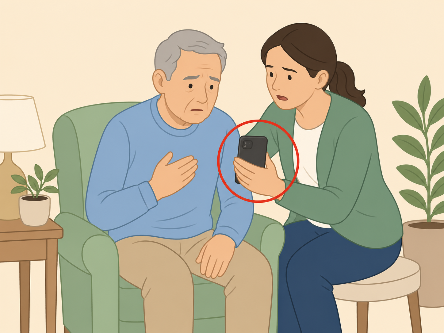Caregiver seeking medical help for an older adult with urgent symptoms.