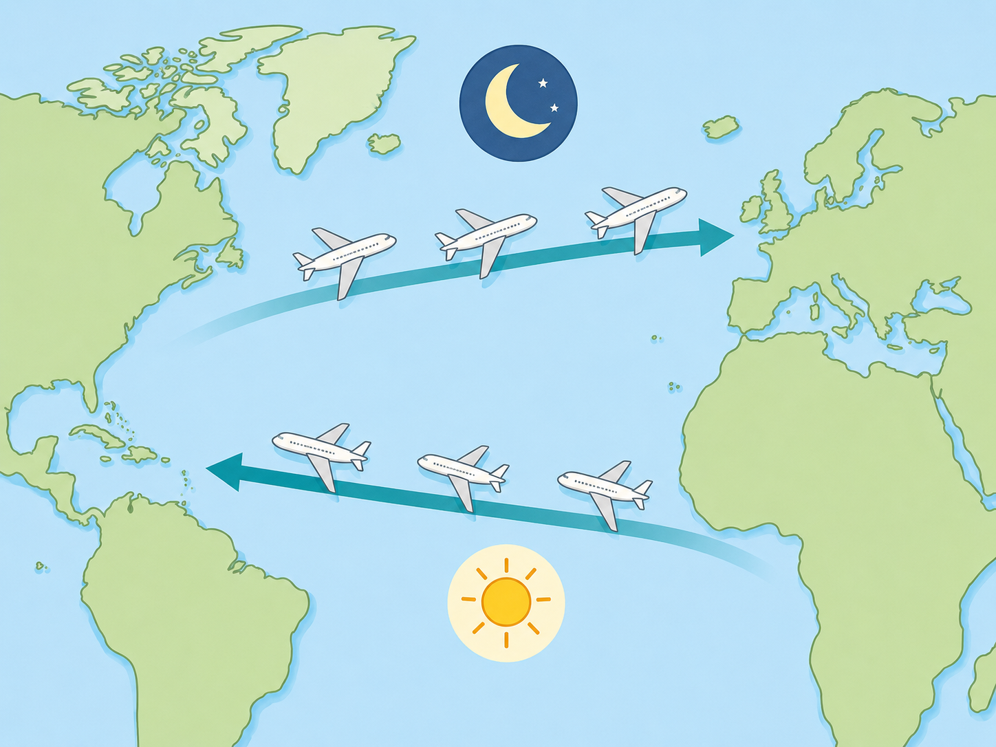 Illustration showing eastbound overnight and westbound daytime transatlantic flight flows.