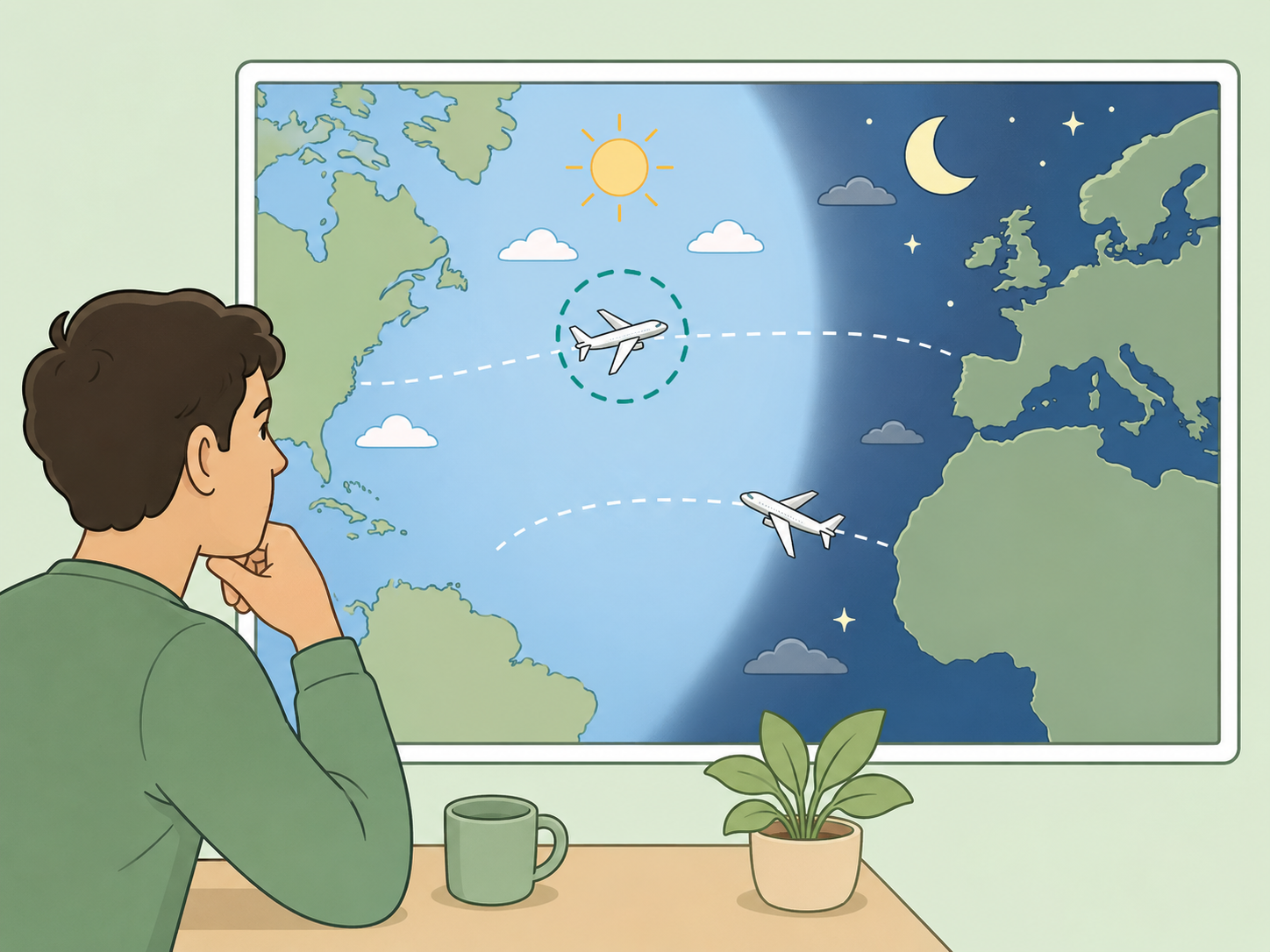 Person correcting the idea that planes do not cross the Atlantic during the day.