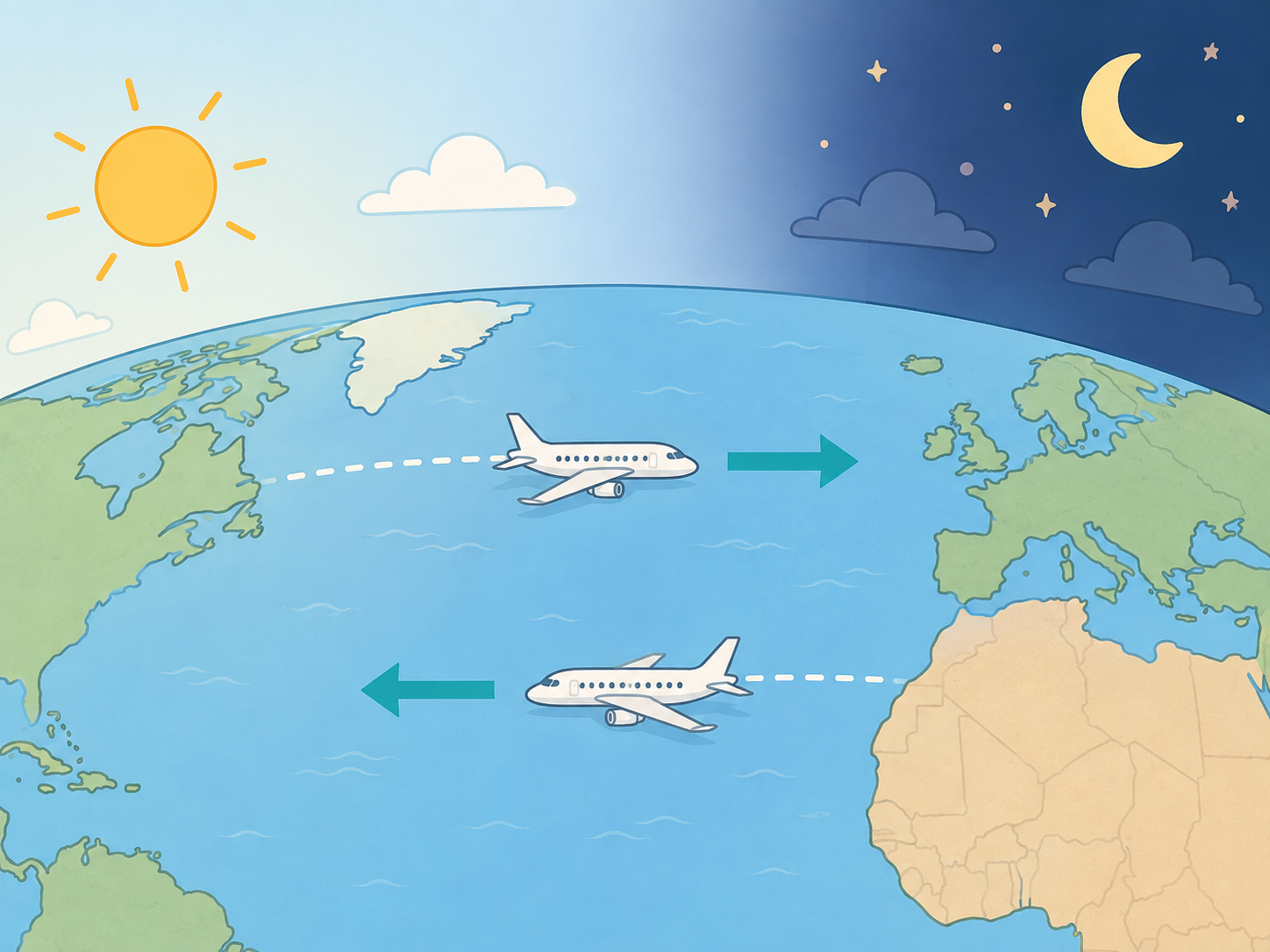 Two transatlantic flight paths showing eastbound and westbound directions.