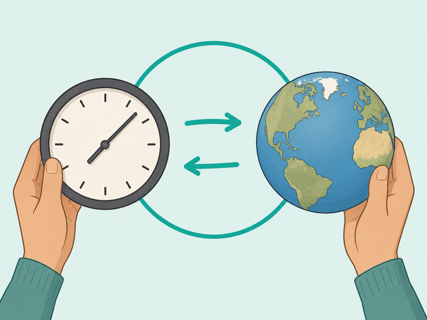Hands comparing a clock and globe to understand transatlantic flight timing.