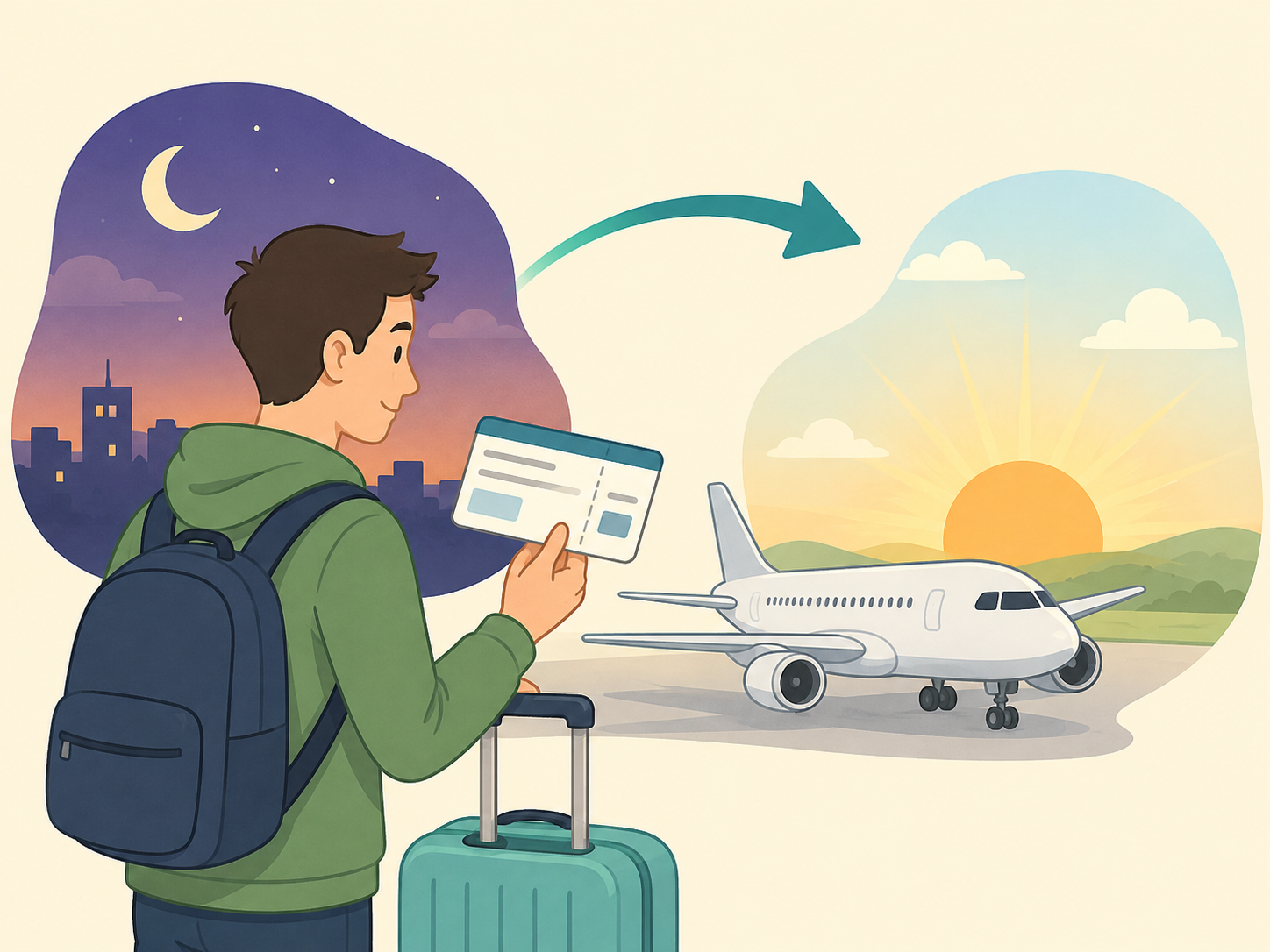 Traveler understanding how time zones and arrivals shape overnight flight schedules.