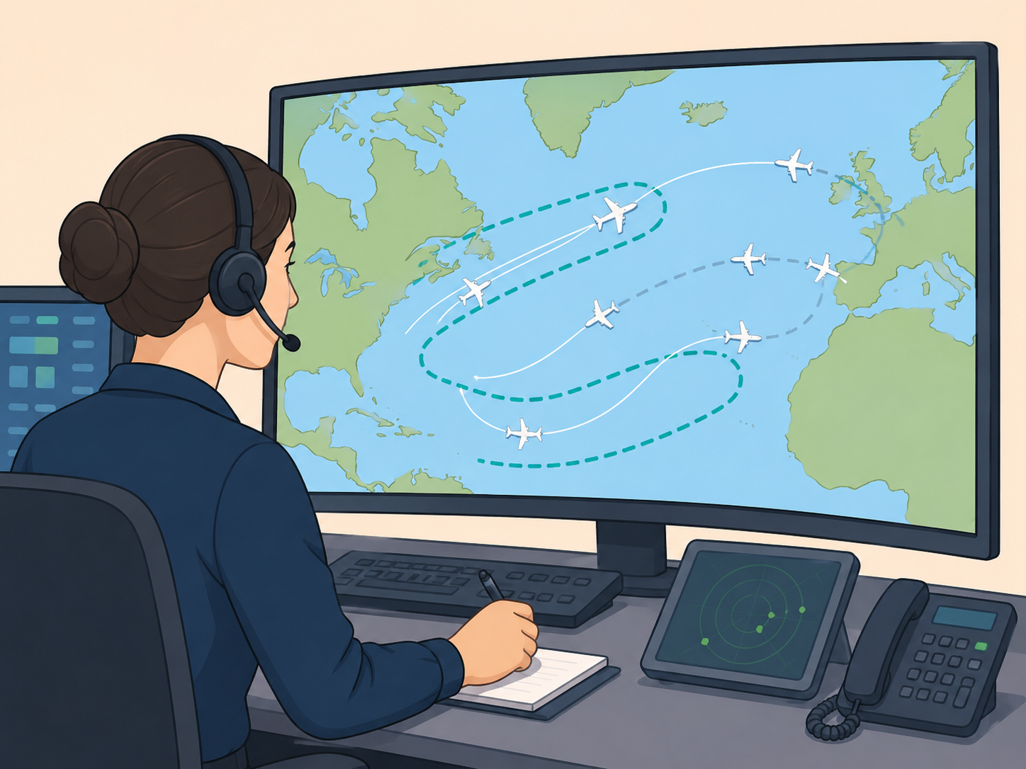 Flight dispatcher reviewing changing North Atlantic oceanic tracks.