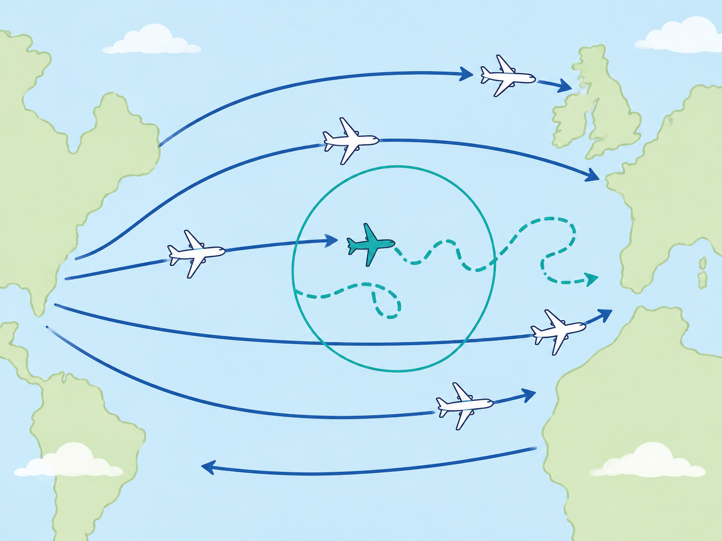Airplane taking a random route away from organized Atlantic tracks.