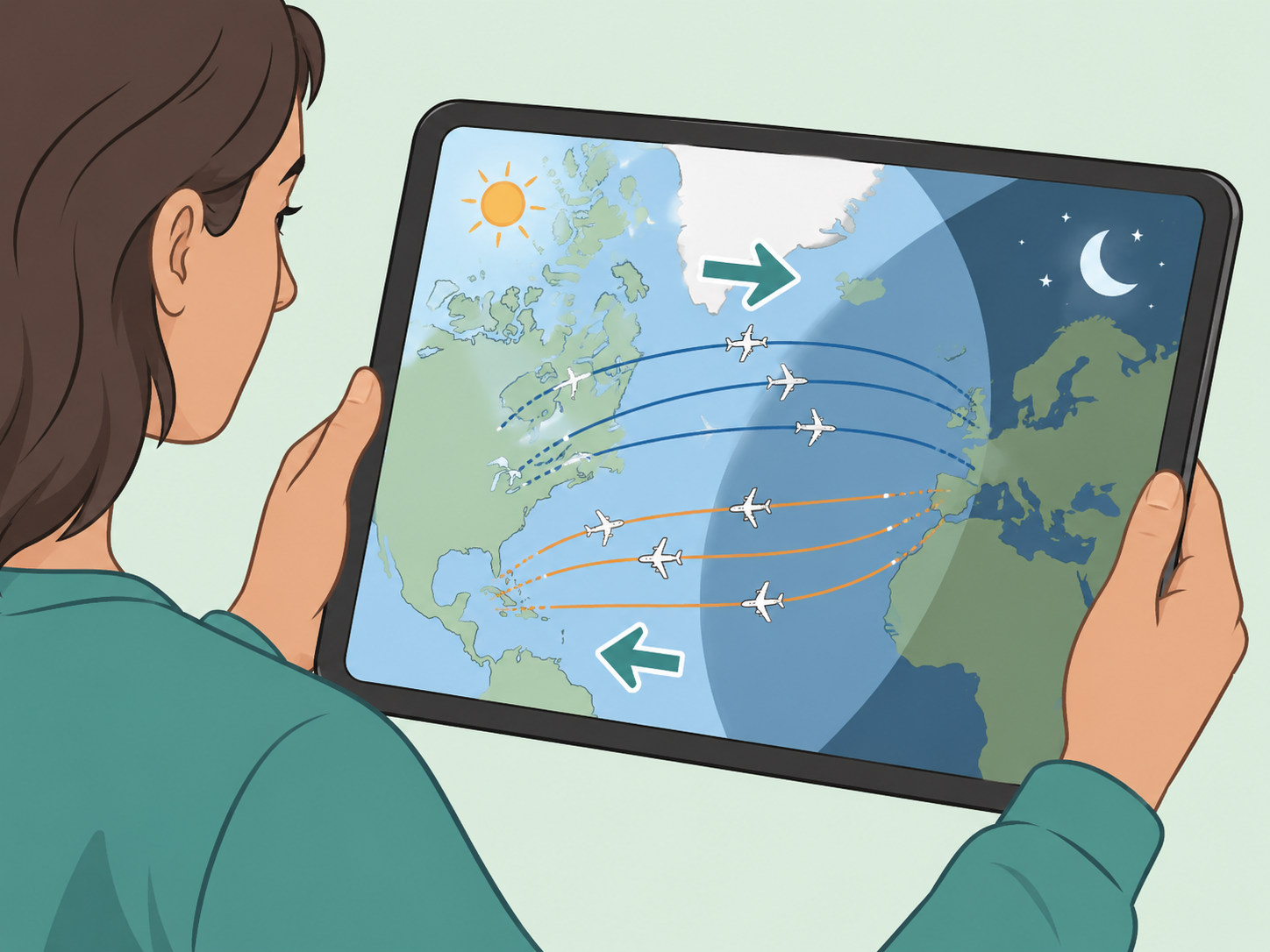 Person reading a flight tracker map with context for direction and timing.