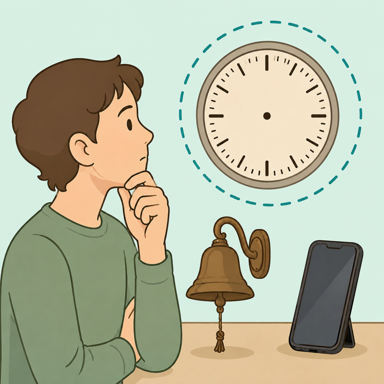 Illustration of a person comparing an old clock face, a bell, and a modern phone to understand o'clock.