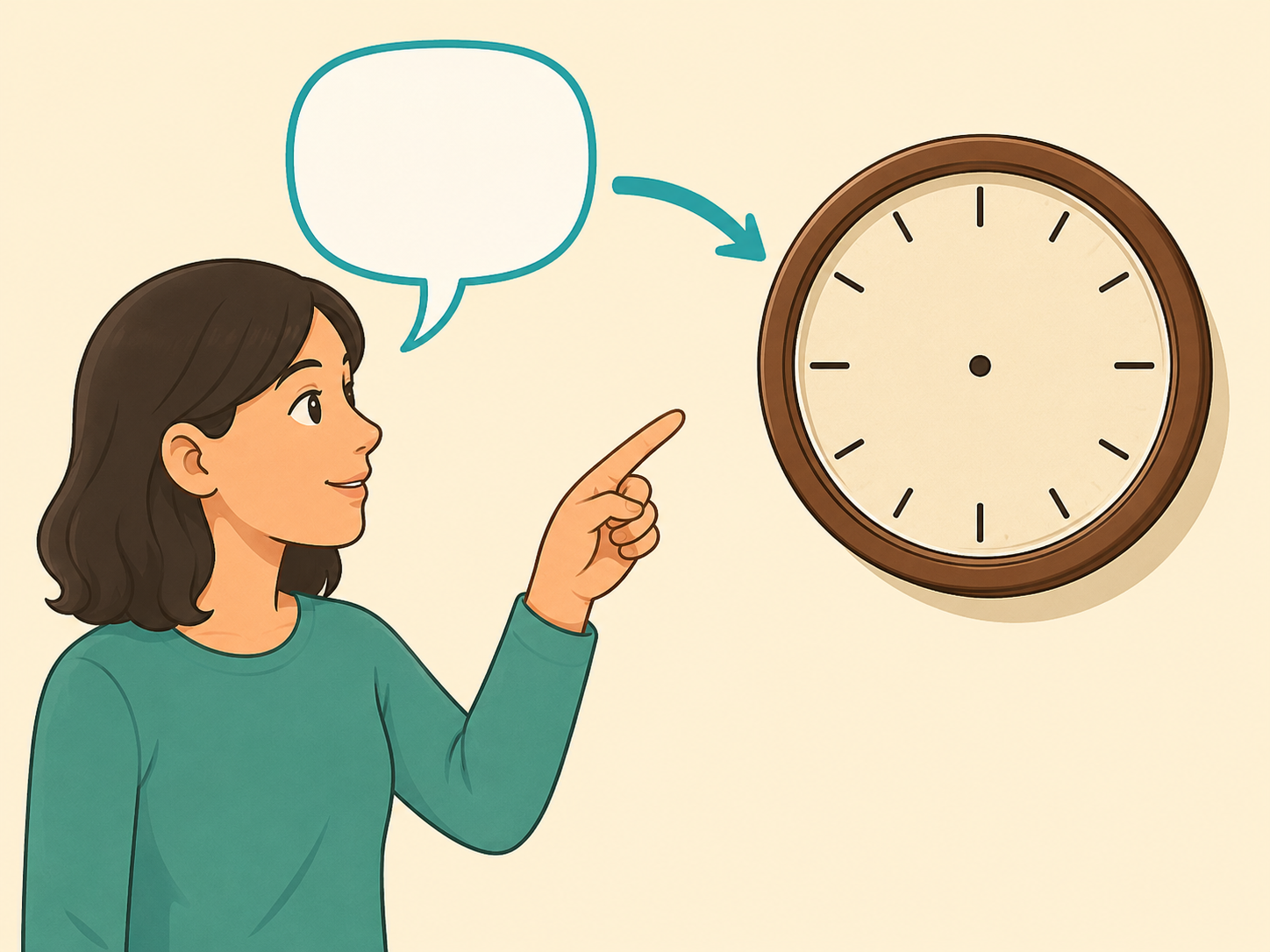 A person connecting the idea of a spoken time phrase to a clock face.