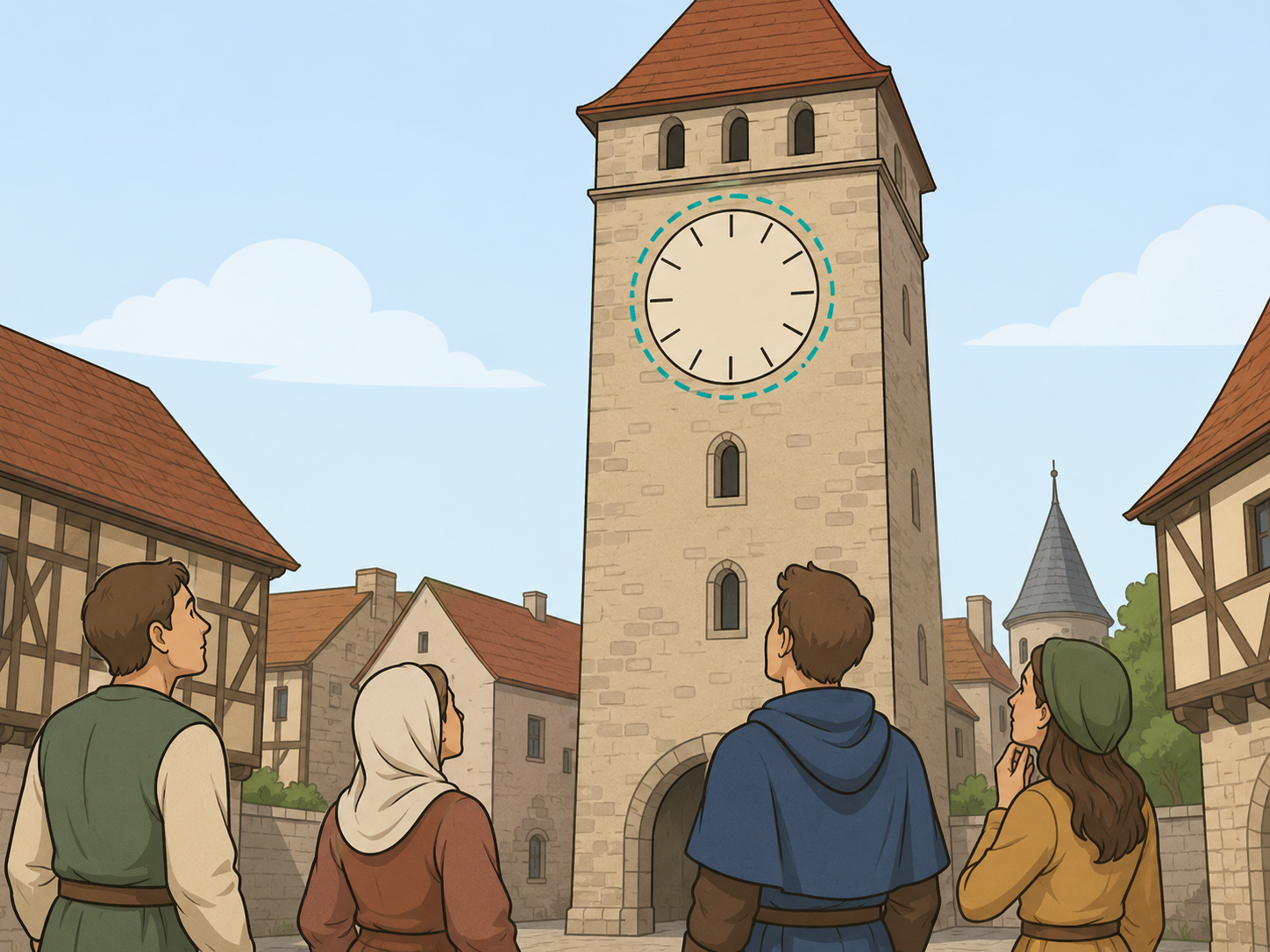 People looking at a medieval tower clock with the clock face highlighted.