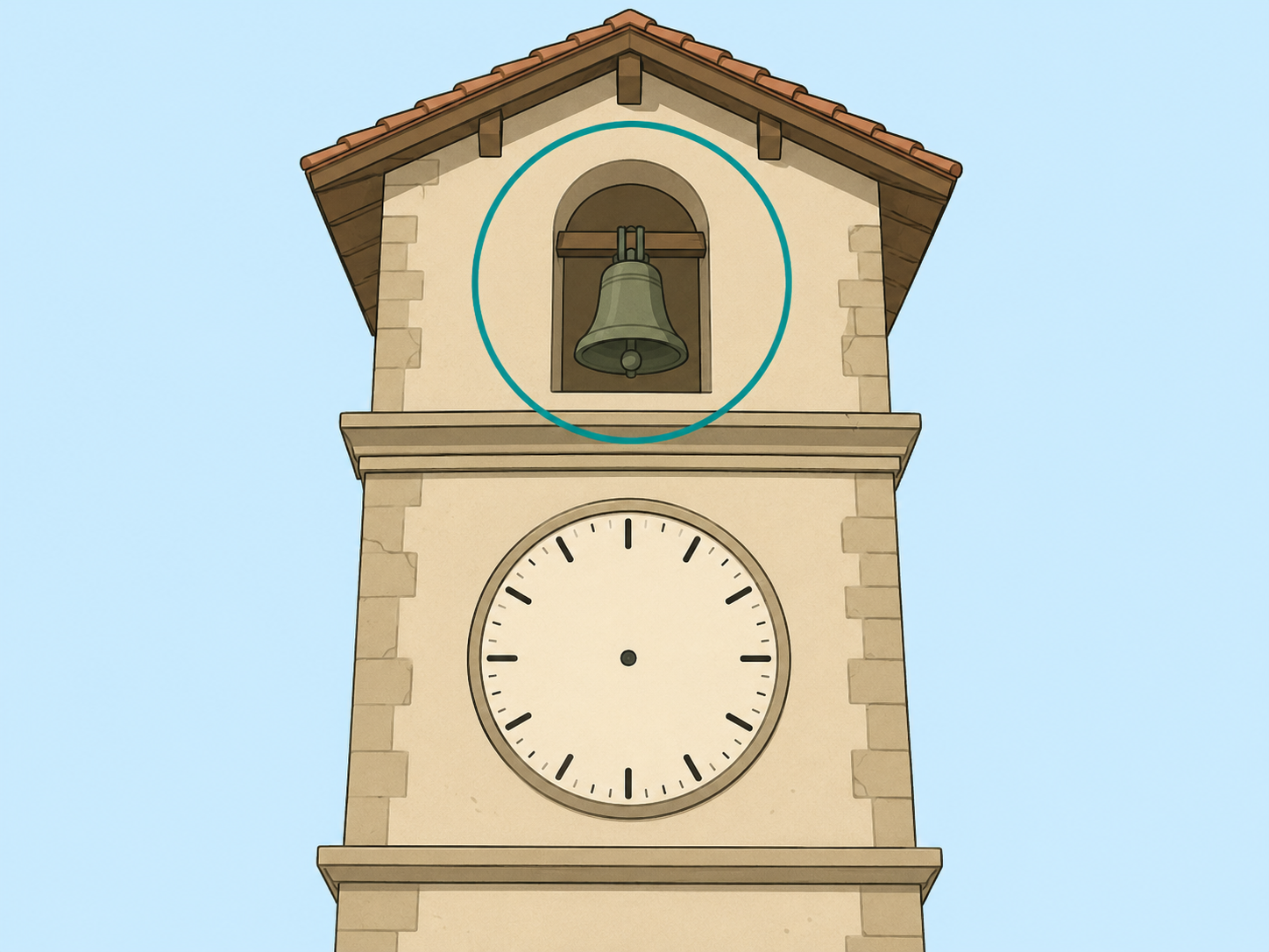 A bell highlighted above an old clock tower.