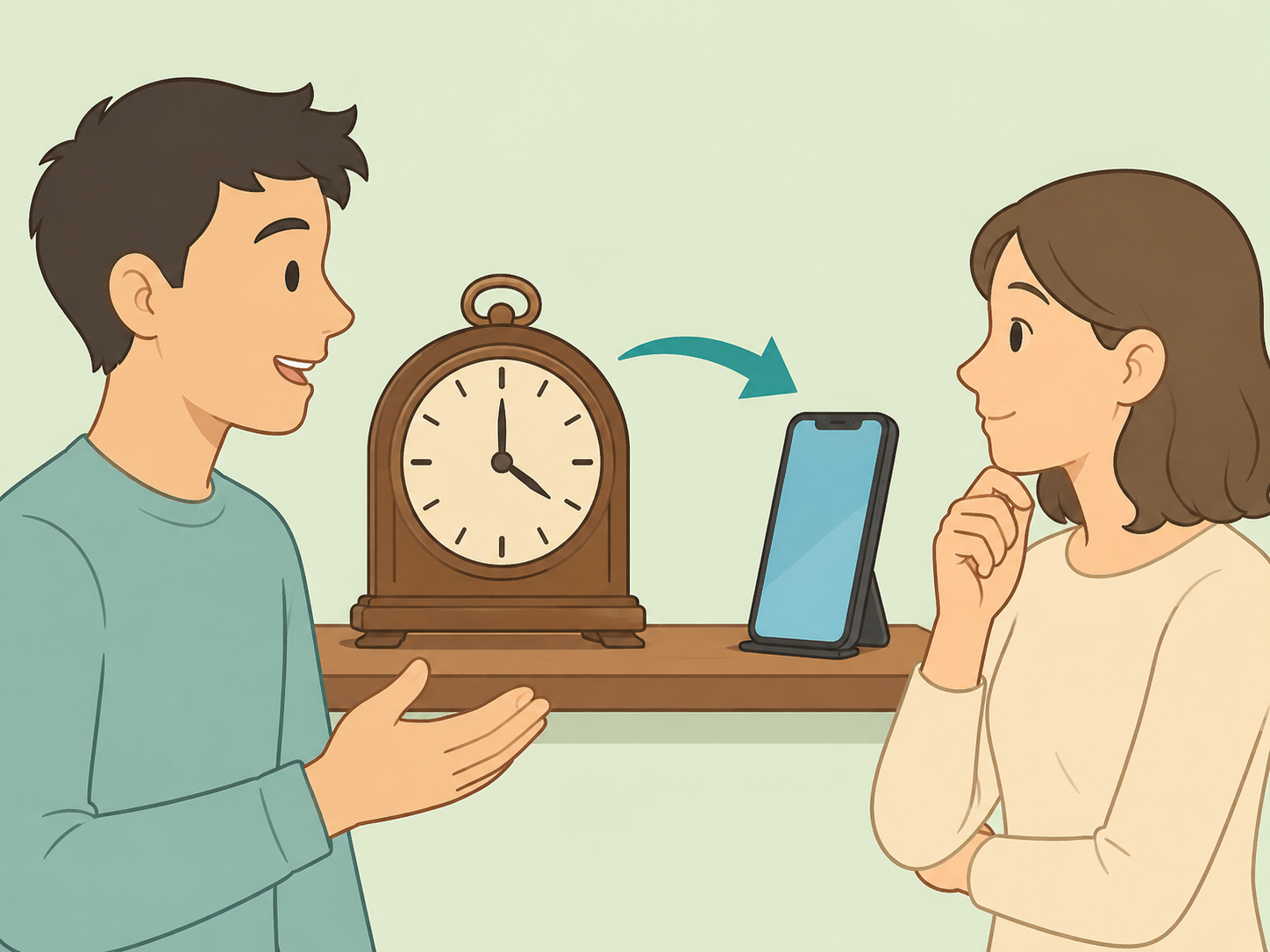 Two people explaining the old clock phrase while comparing a clock and a phone.