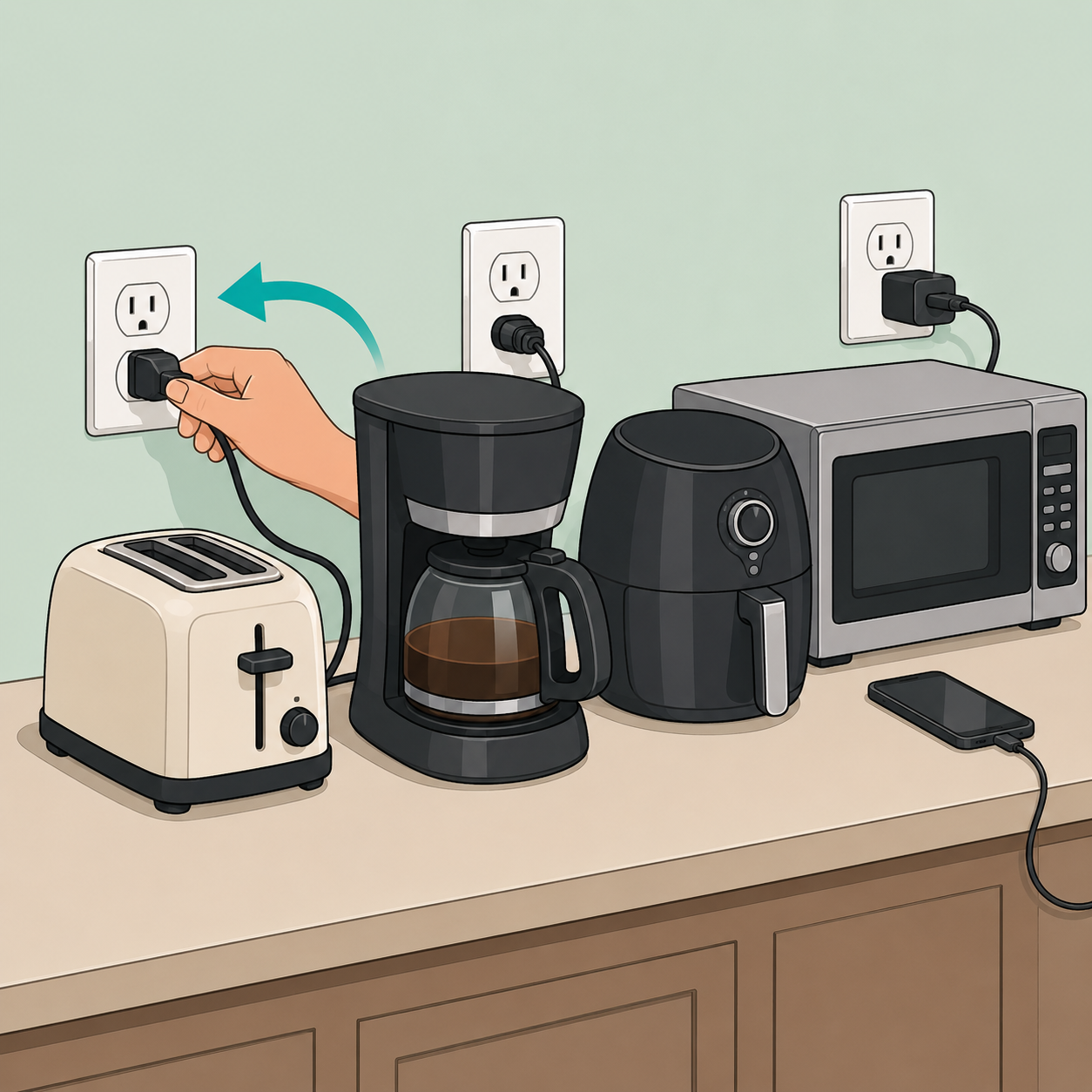 Illustration of small kitchen appliances being unplugged to save energy.