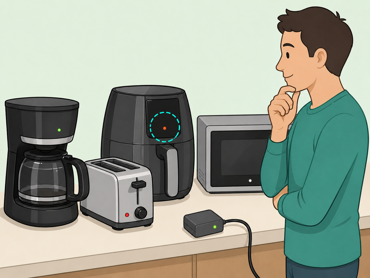 Person identifying a kitchen appliance with a standby light.
