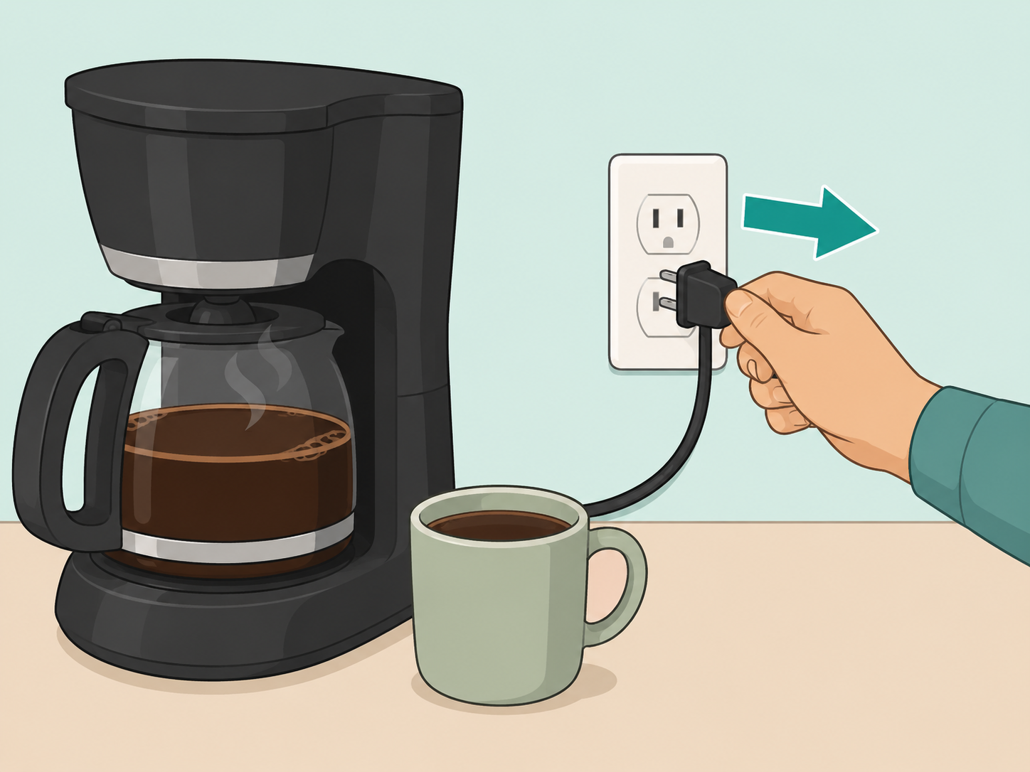 Hand unplugging a coffee maker after brewing.