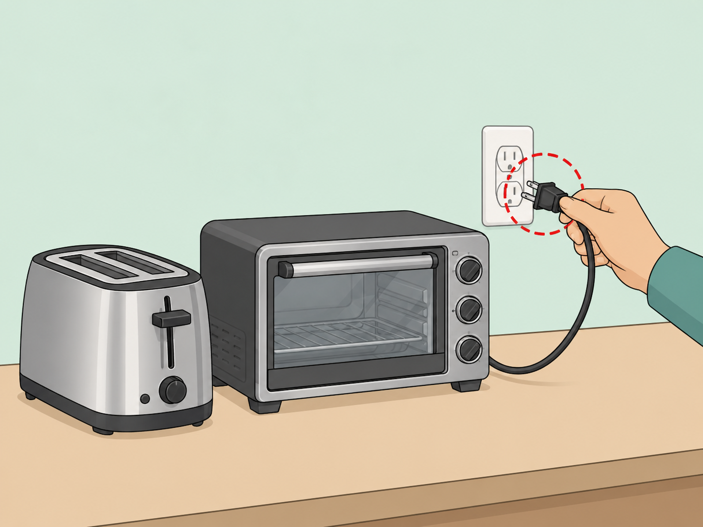 Toaster and toaster oven being unplugged after cooling.