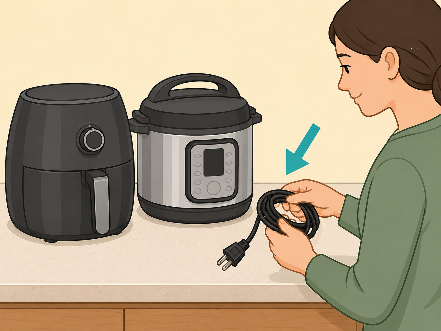 Person unplugging and tidying the cord of an air fryer.