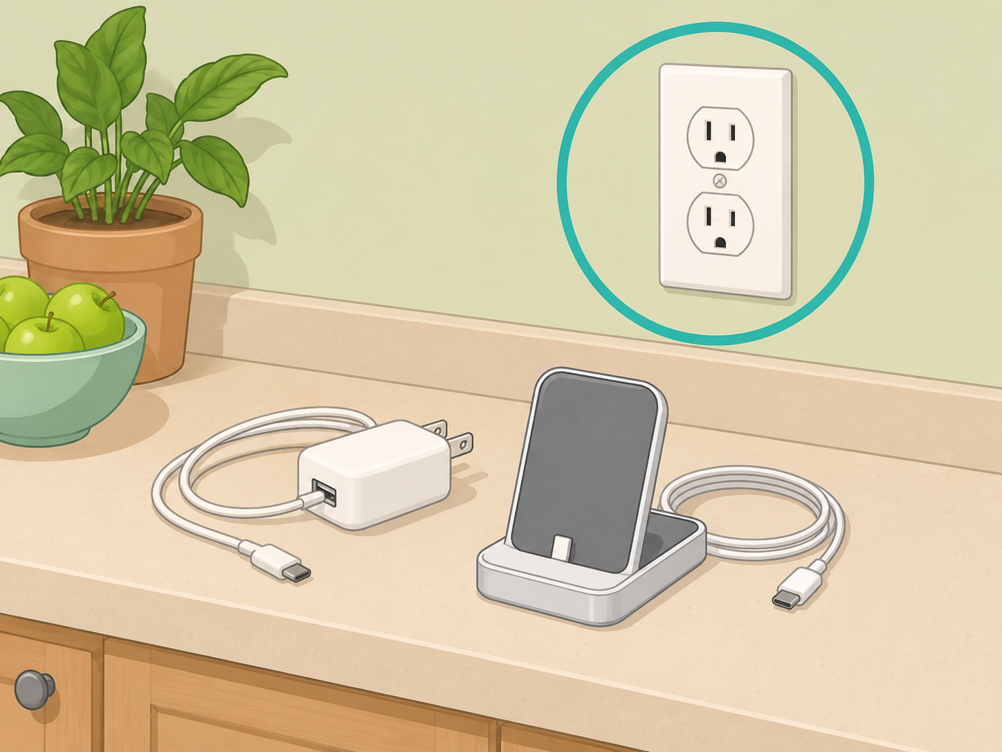Idle kitchen chargers unplugged from a wall outlet.