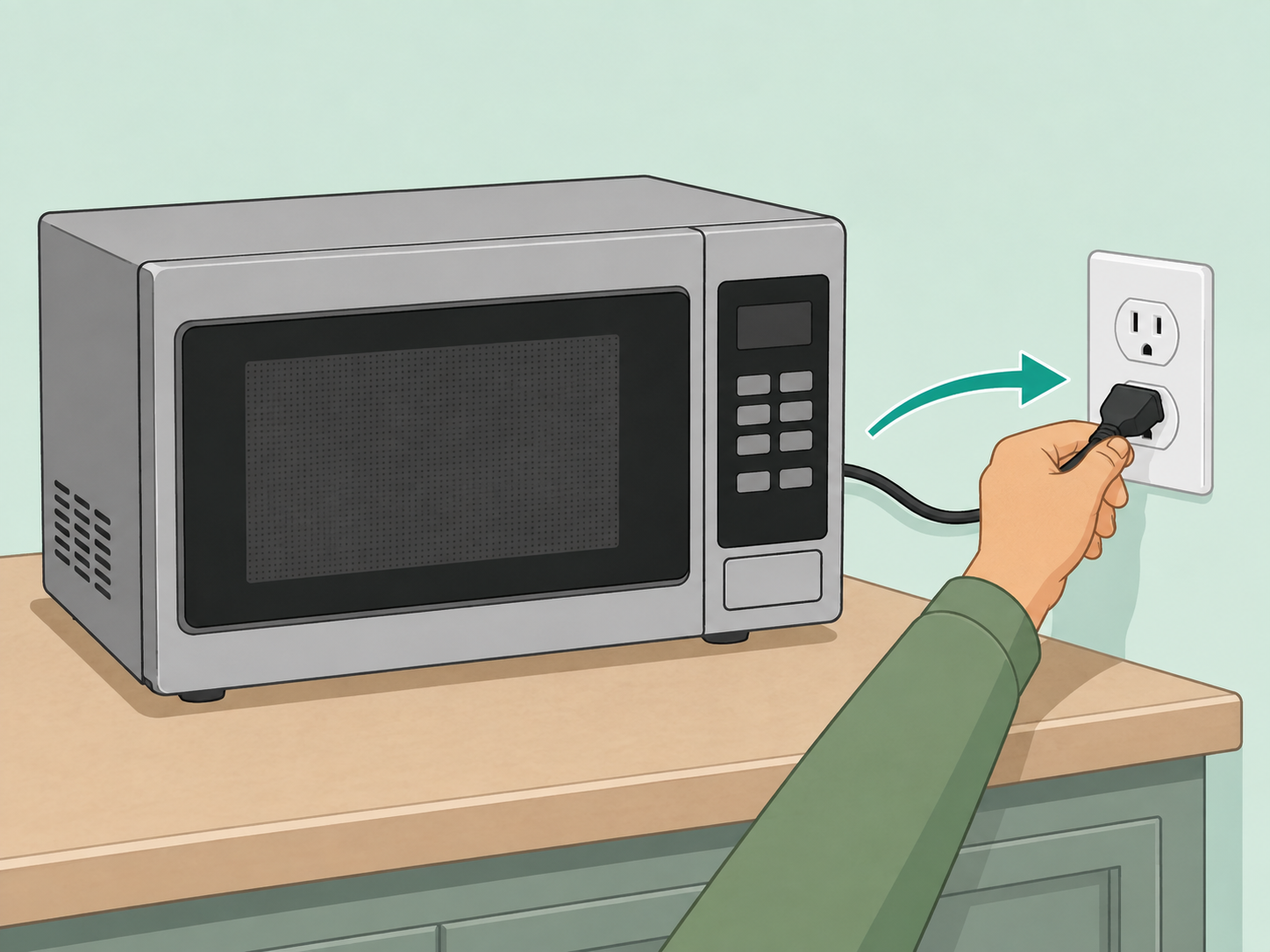 Hand unplugging a countertop microwave.