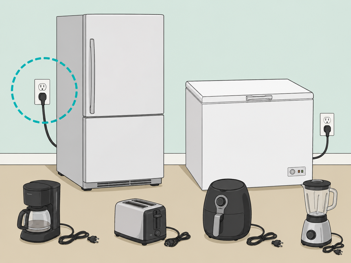 Refrigerator left plugged in while small appliances are unplugged.
