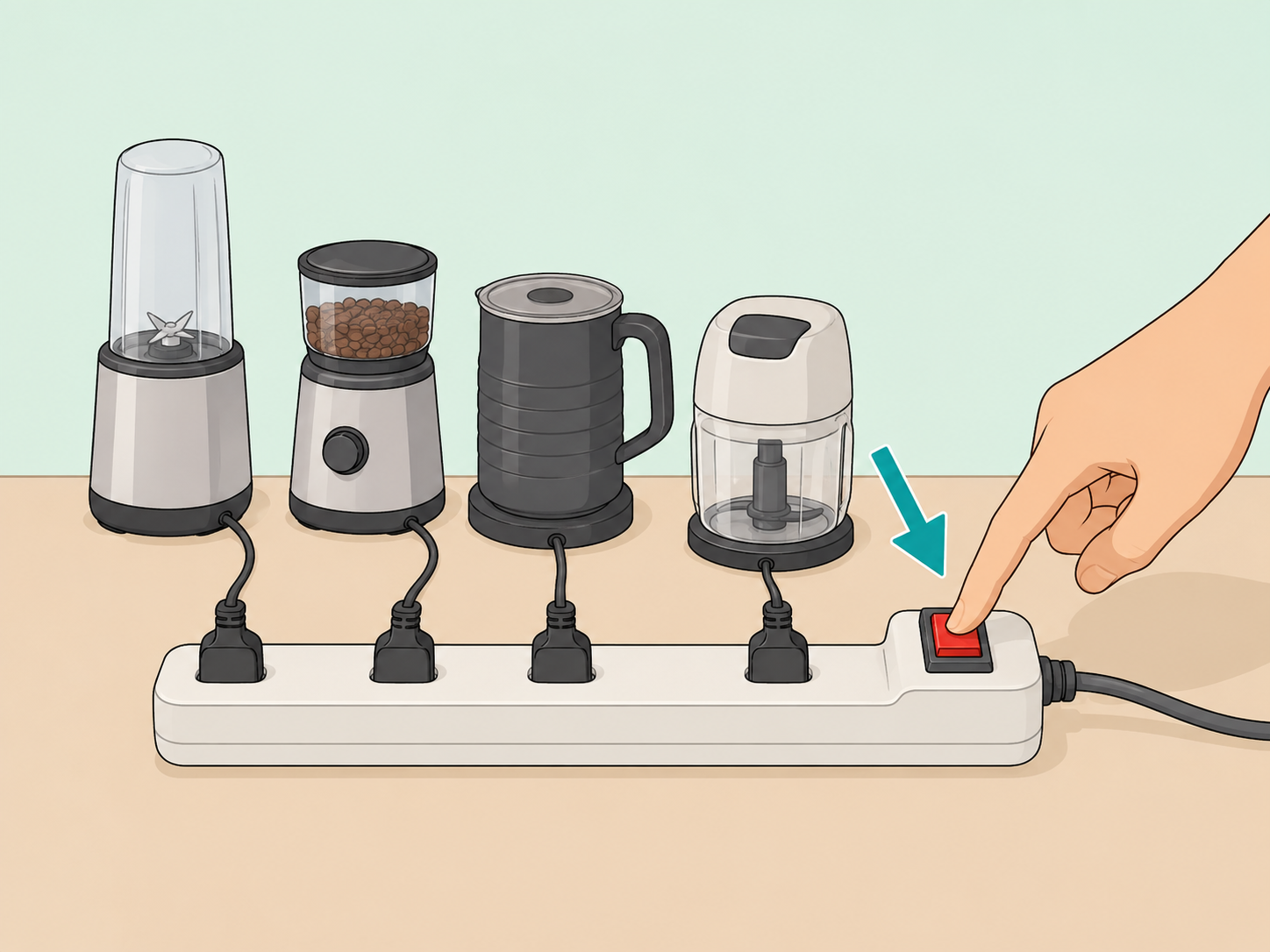 Hand switching off a power strip for low-power kitchen items.