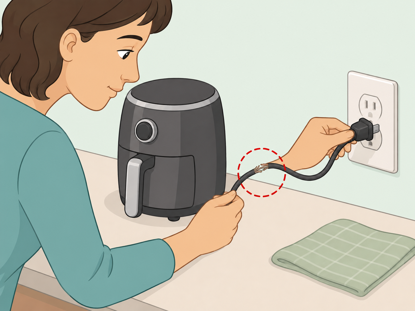 Person checking a kitchen appliance cord for damage.