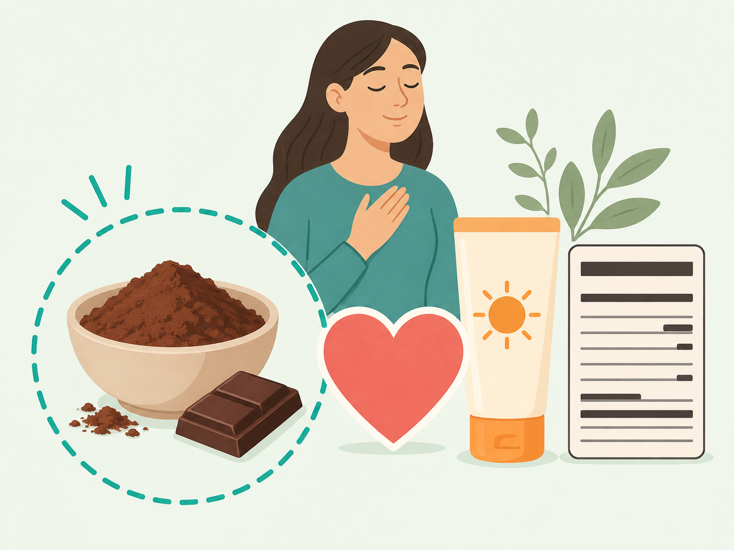 Illustration of cacao powder, dark chocolate, heart health, sun protection, and a small portion.