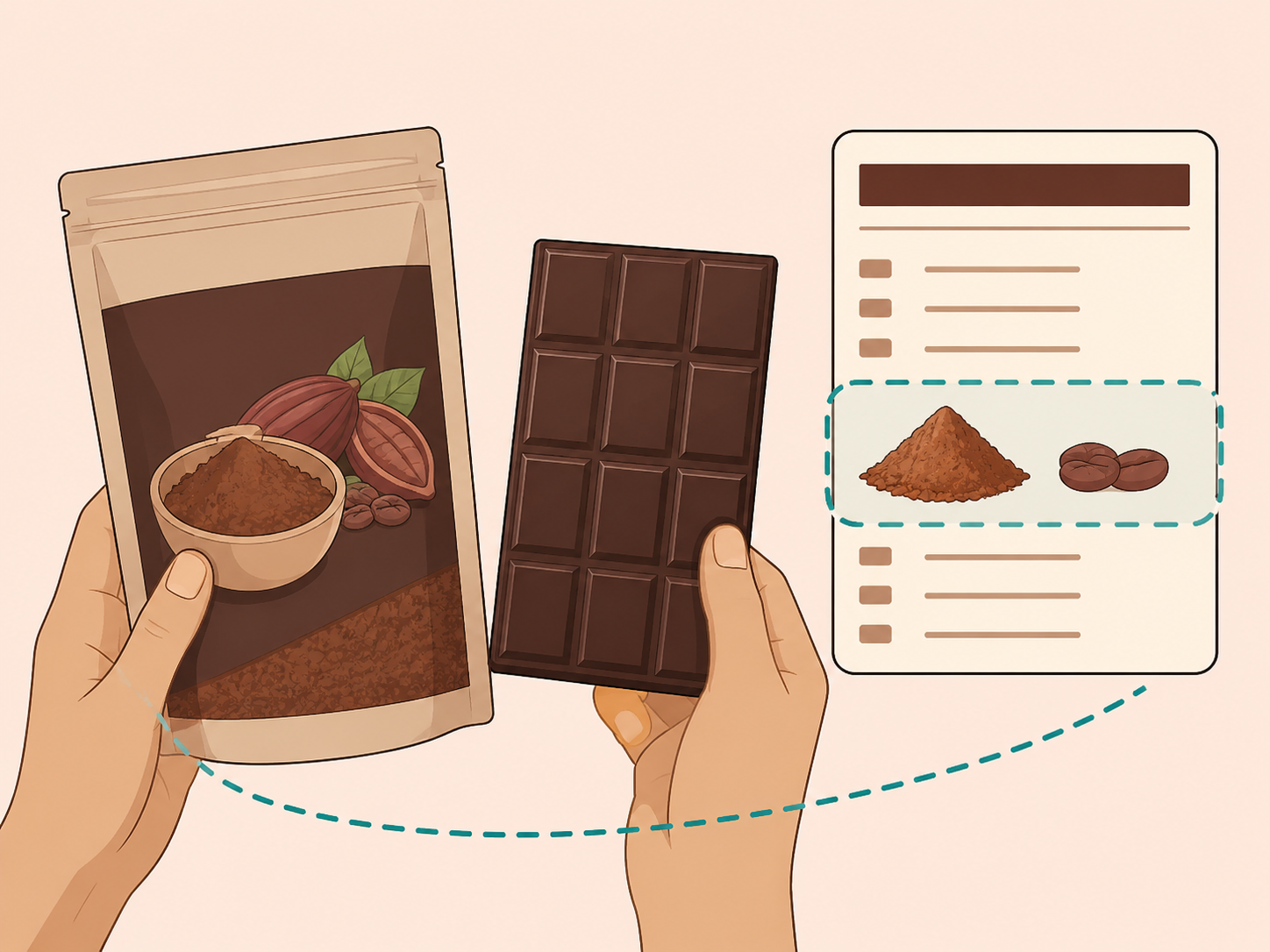 Hands choosing unsweetened cacao powder and higher-cacao dark chocolate.
