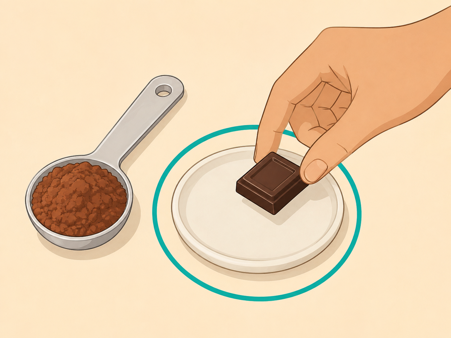 A small serving of dark chocolate and cacao powder shown on a plate.