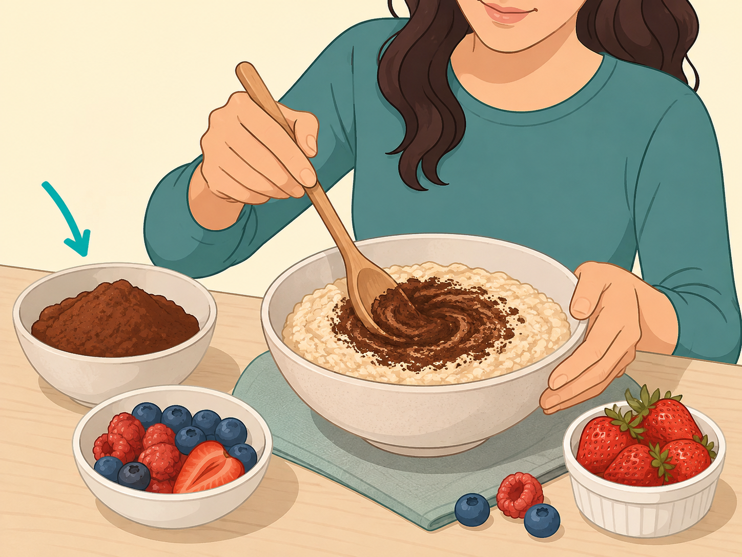 A person adding unsweetened cacao powder to oatmeal.