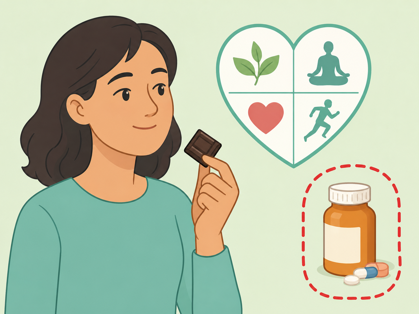 Dark chocolate shown as food support, not a replacement for heart medicine.