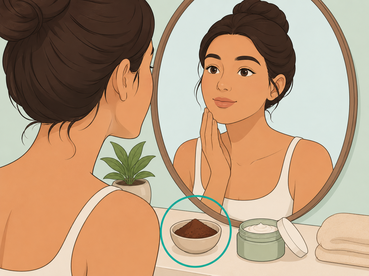 A person considering cacao powder as part of a cautious beauty routine.