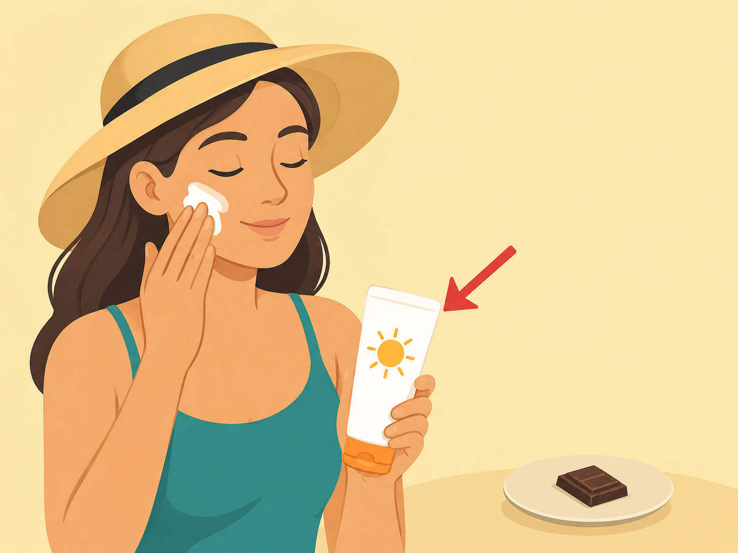 A person using sunscreen instead of relying on dark chocolate for sun protection.