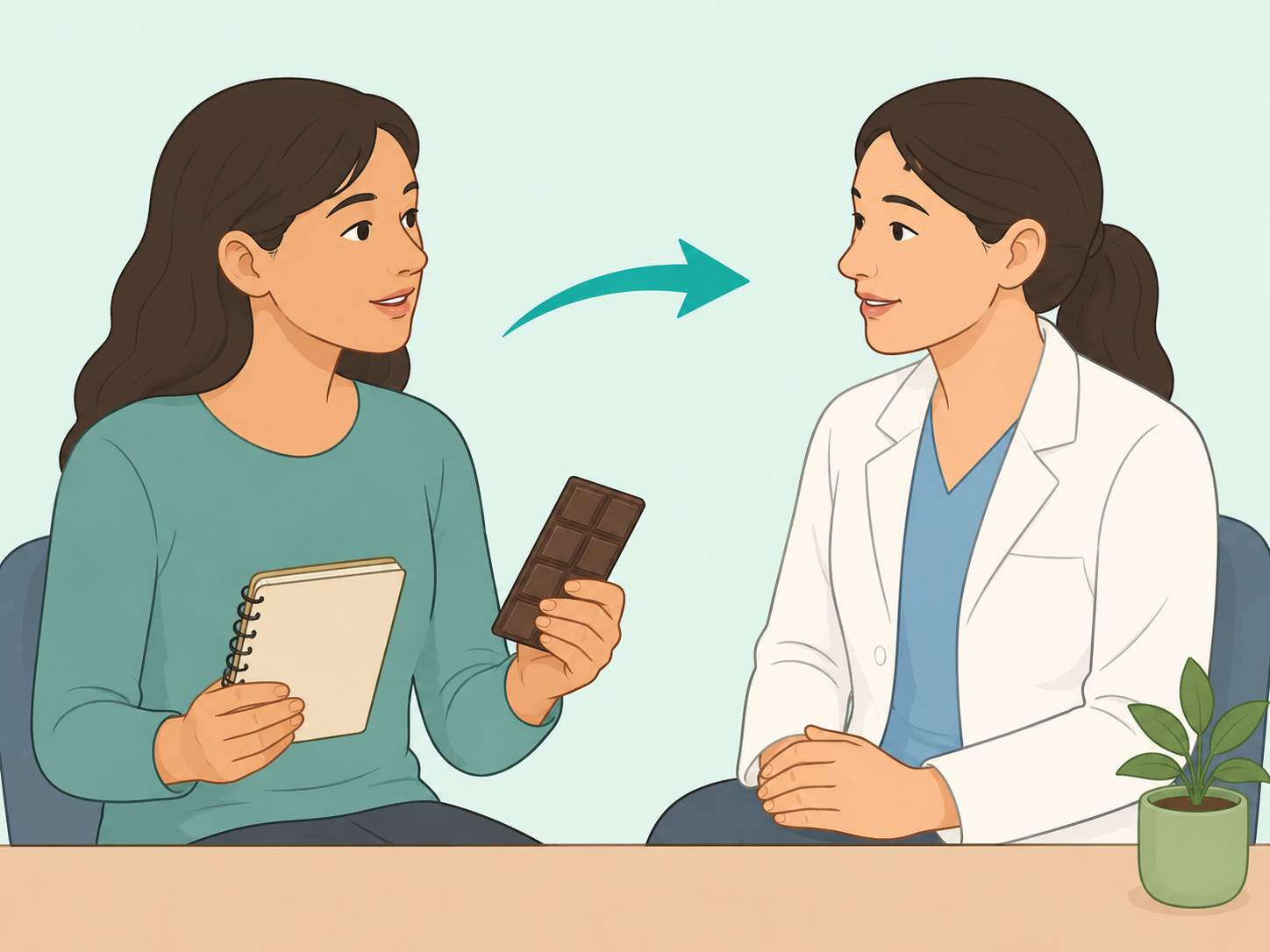 A person asking a healthcare professional about cacao and dark chocolate.