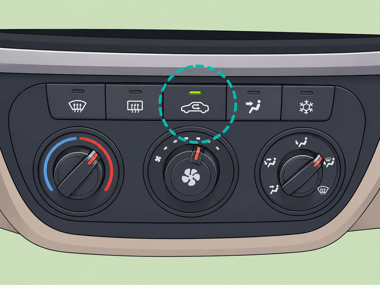Illustration of a car dashboard recirculation button highlighted on the climate controls.