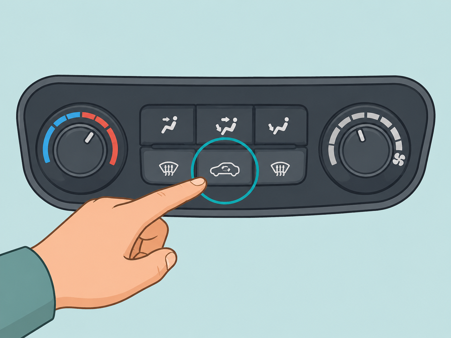 A hand finding the recirculation button on a car climate control panel.